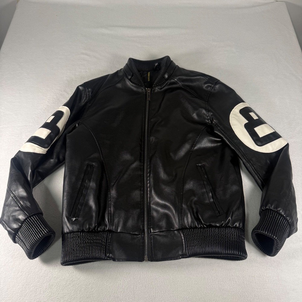 Robert Phillipe 8 Ball Bomber Jacket Mens L Black Faux Leather Y2K Streetwear